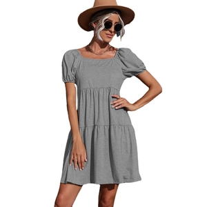 Elegant grey square neck knit mini dress with tiered puff sleeves on white background
