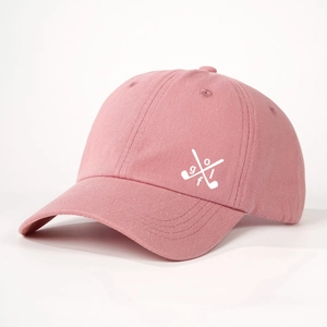 Pink cotton twill baseball cap with white golf club embroidery for a casual sport style