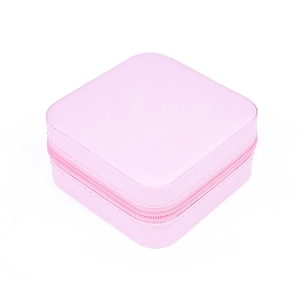 Pink PU leather jewelry organizer box with square design and metal zipper closure