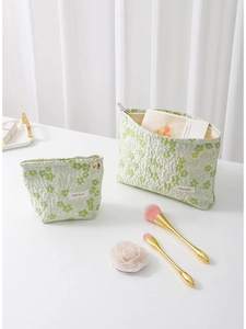 Women Floral Jacquard Cosmetic Bag Large Capacity Travel Makeup Pouch Quilted Toiletries Organizer Floral Zipper Pull