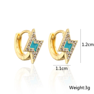 Detailed view of lightning bolt earrings with 18k gold plating and turquoise enamel inlay