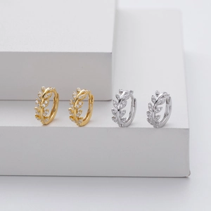 Elegant S925 sterling silver wheat ear hoop earrings with zircon stones in gold and silver