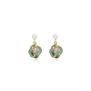 French Monet Garden floral drop earrings with blue enamel flowers and white pearl accents