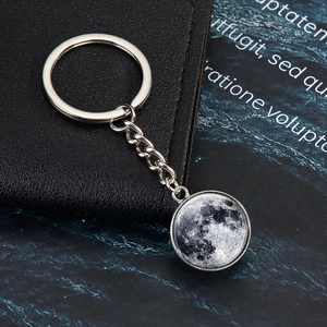Solar system moon glow keychain with silver alloy ring and realistic lunar glass pendant