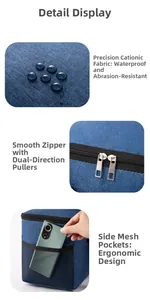Detail of waterproof cationic fabric, dual zippers, and side mesh pocket on blue lunch bag