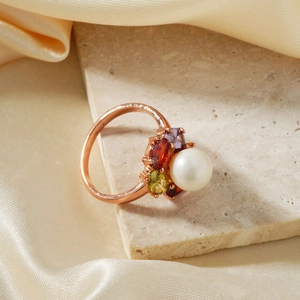 Elegant rose gold flower ring with large white pearl and vibrant colored gemstones
