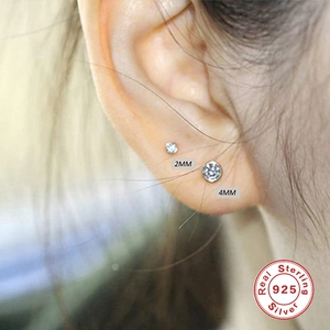 S925 sterling silver mini stud earrings set with 2mm and 4mm round cubic zirconia