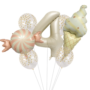 Matte candy ice cream balloon set with cream number 4 and gold confetti latex balloons