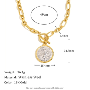18K gold plated stainless steel necklace featuring an angel coin pendant and toggle clasp