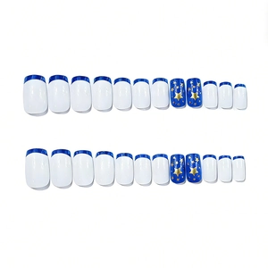 French press-on nails in blue and white with gold stars, 24-piece full manicure set