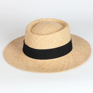 Close-up of flat top straw hat featuring a wide black grosgrain ribbon and tight weave