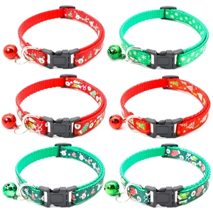 Adjustable Christmas pet collars with festive prints and bells for cats and small dogs