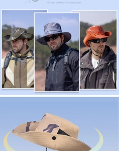 Detail of camouflage sun hat with breathable mesh and adjustable chin strap for hiking