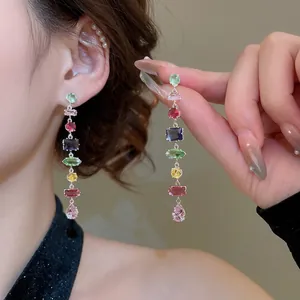 Elegant multi-colored zircon drop earrings with geometric gems and luxury metal chain