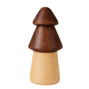 Japanese pine-shaped toothpick holder in walnut and beech wood on white background