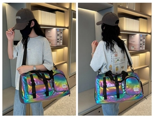 Holographic waterproof sports bag with dry wet separation shown on model in detail