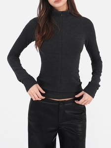 Close-up of slim fit charcoal grey thermal sweatshirt with half-zip and stand collar