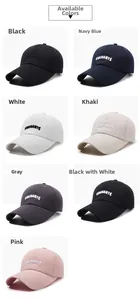 Detail display of cotton baseball caps showing embroidered letters in seven various colors