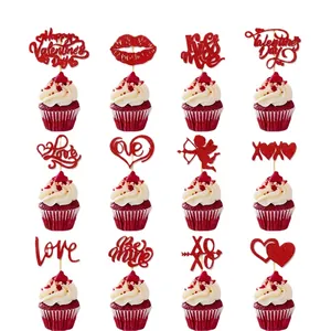 Glittery red Valentine's Day cupcake toppers set with heart and romantic text designs