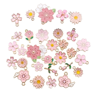Mix of pink enamel flower alloy pendants for DIY jewelry and keychain accessories