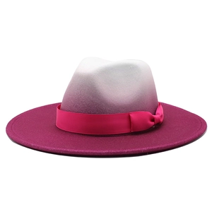 Gradient white to magenta wool felt fedora hat with elegant pink ribbon bow decoration