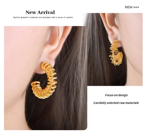 Macro detail of vintage hollow 18k gold plated titanium steel spiral earrings on model