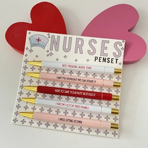 Detailed view of 5-piece nurse themed penset with humorous slogans on colorful barrels