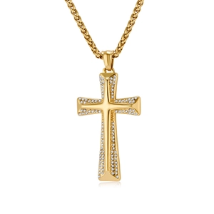 Collier avec pendentif croix plaqué or 18K hip hop avec cristaux brillants et chaîne