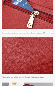 Macro detail of red lychee grain PU leather bag featuring a functional rear zipper pocket