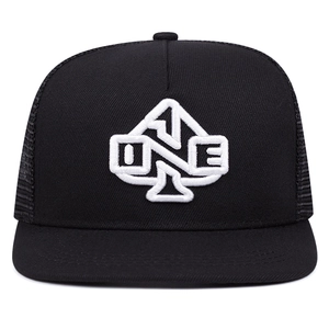 Black trucker hat with white 3D embroidery featuring ONE spade logo and flat brim design