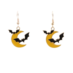 Halloween moon and black bats earrings set with gold hooks on a white background