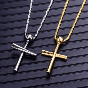 Polished stainless steel baseball cross necklaces in gold and silver finish for men