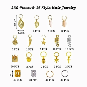 230-piece DIY hair jewelry set with 16 styles of charms and cuffs for dreadlocks