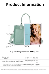 Detailed size chart for mint green canvas tote bag with 34x25x14cm dimensions