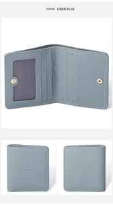 Linen blue genuine leather wallet detail with RFID card slots and stitching detail
