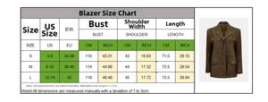 Detailed size chart for red suede blazer featuring US and EU measurements and dimensions