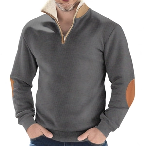 Men's half-zip gray fleece sweatshirt with brown elbow patches and sherpa lining