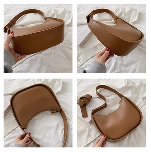 Vues détaillées d'un sac Hobo en similicuir marron montrant face, côté et bandoulière