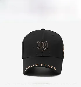 Close-up of golden ny embroidery on black baseball cap with Enjoy Life brim text