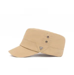 Detail view of khaki cotton flat top military cap showing side metal eyelets and logo