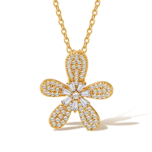 18K gold plated flower necklace with zircon petals on a clean white background