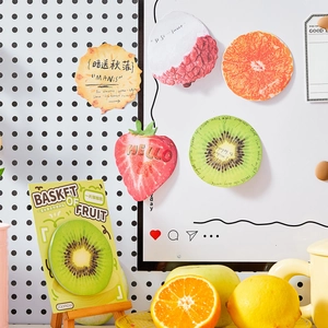 Realistic 3D fruit-shaped sticky notes featuring strawberry and orange cutout designs