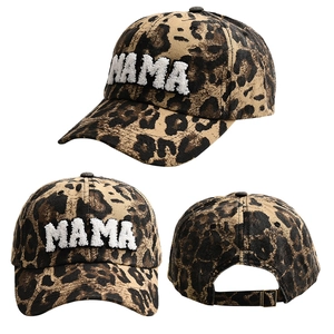 Detail view of leopard print baseball cap with MAMA embroidery and metal buckle