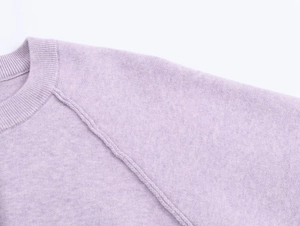 Close-up of crew neckline and raglan sleeves on lavender purple knitted sweater