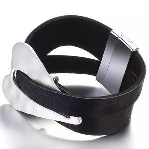 Black leather bracelet with wavy silver alloy accents and magnetic clasp for women