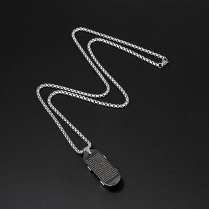 Titanium steel necklace with silver skateboard pendant and engraved Lord's Prayer text