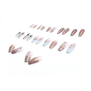 Pink and blue gradient press-on nails with floral butterfly patterns, 24 pieces set