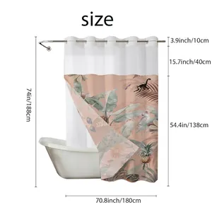 Waterproof shower curtain with tropical prints and size chart in a clean white background