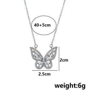 Elegant silver butterfly pendant necklace with crystal inlay and detailed dimensions