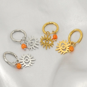 Evil Eye Hoop Earrings Stainless Steel With 18K Gold Plated Sunburst Hollow Dangle And Orange Natural Stone For Women